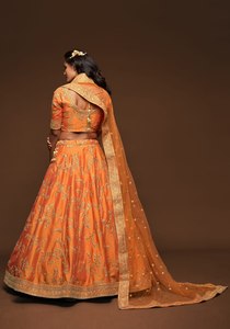 <b>Orange</b> Embroidered Wedding Lehenga Choli Art Silk <b>Saree</b> Set Bride Festival Formal Wear Rivaayat House In-Stock Items - Product Image 5