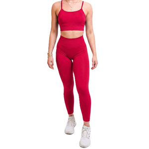 Ensemble de leggings légers et ajustés pour femmes, couleur rouge unie, tricotés en Spandex/Polyester/Coton, extensibles, respirants, séchage rapide, durables, taille haute - Product Image 1