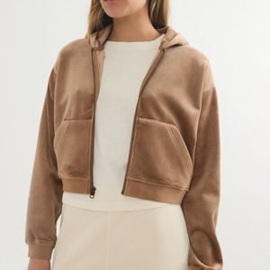 Women's Hooded Fleece <b>Zip</b>-<b>Up</b> <b>Crop</b> Jacket Solid Color Full Sleeve Autumn Winter Windproof 100% Cotton - Product Image 2