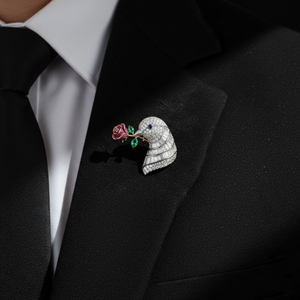 Broche Fleur d'Oiseau en Argent Plaqué Rhodium avec Moissanite et Émail Rose, Accessoire pour Veste de Costume, Cadeau pour Mariage d'Enfants - Product Image 1