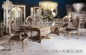 Ensemble de table à manger en teck moderne sculpté à la main de style européen, finition dorée, 8 places - Product Image 3