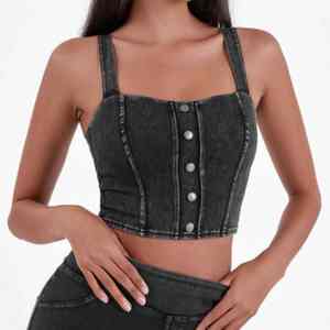 Top Corto Elástico de Cuello Cuadrado con Diseño Reductor y Relleno en el Pecho para Mujer, Estilo Denim - Product Image 3