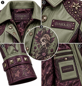 Olive Green Burgundy Women Genuine Leather Jacket Floral Skull Print Spike Metal <b>Studded</b> Biker Outerwear Custom Oem Odm Offer - Product Image 6