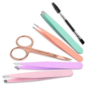 Juego de 5 Pinzas para Cejas de Acero Inoxidable, Tijeras, Cepillo Antiestático, Estuche Rosa Moderno, Herramientas Multicolores para un Aseo Preciso - Product Image 3