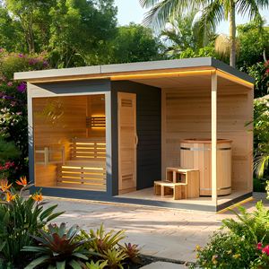 Sauna Exterior de Lujo <span class=keywords><strong>con</strong></span> Bañera de Hidromasaje Frío, Casa de Sauna de Madera Termotratada para Bienestar, Spa, Villa, Jardín, Terapia - Product Image 1