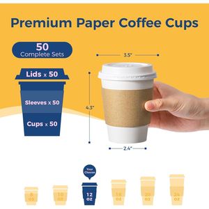 Confezione da 50 Bicchieri di Carta Resistenti da 350 ml per Caffè Caldo con Coperchi Antigoccia e Manicotti per Uso Domestico e da Asporto - Product Image 2