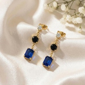 Sapphire Rectangle & Black Obsidian Round Drop <b>Earrings</b> Elegant Minimalist Gemstone Dangle <b>Stud</b> <b>Earrings</b> Handmade Jewelry Gift - Product Image 3