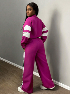 Ensemble de survêtement pour femme en coton délavé, veste zippée unie et pantalon de jogging, respirant, extensible, pour le sport et la gym - Product Image 2