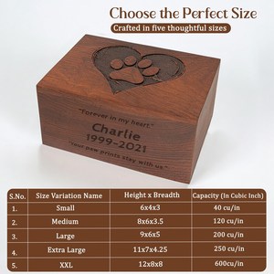 Urna rectangular de madera maciza hecha a mano para mascotas, con diseño de huella de pata grabada y corazón, para recuerdo conmemorativo de despedida. - Product Image 5