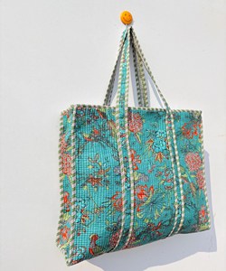 Sac fourre-tout vintage en coton bleu ciel avec imprimé floral, style bohème, sac à main décontracté d'été avec fermeture éclair pour le shopping et les voyages - Product Image 3
