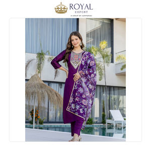 Nouvelle arrivée de vêtements indiens de créateurs : ensemble Kurti 3 pièces en coton Chanderi avec broderies, Kurti et Dupatta. - Product Image 4