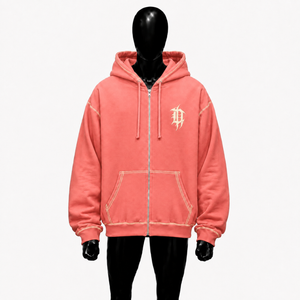 Sweat à capuche zippé rose corail gothique avec surpiqûres contrastées crème, coupe oversize, streetwear, logo brodé, unisexe, mode personnalisée, en promotion - Product Image 1