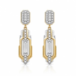 Boucles d'oreilles pendantes géométriques en or massif 18 carats avec diamants taille baguette sertis en canal, bijoux de luxe pour femme pour mariage - Product Image 3