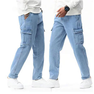 Jean cargo en denim sur mesure de haute qualité pour homme, coupe ample, taille boutonnée, style 7 poches, délavé, unisexe - Product Image 1