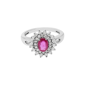 Vente en gros de bague en or blanc massif 18 carats avec rubis ovale naturel et double halo de diamants, Memoria Jewels - Product Image 1