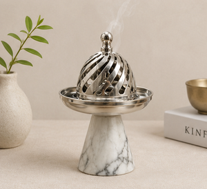 Brûleur d'encens en marbre blanc naturel de luxe, design moderne, support à bakhoor en métal de qualité supérieure pour la décoration de la maison, la méditation et le Ramadan - Product Image 2