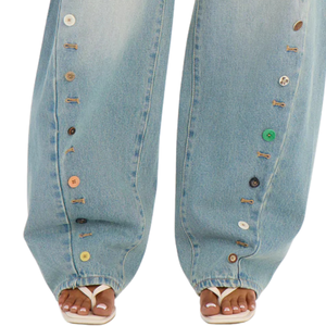 Jean en denim bleu clair pour femme, coupe large, taille mi-haute, ample, 100 % coton, respirant, séchage rapide, délavage enzymatique, décontracté, poches boutonnées - Product Image 6