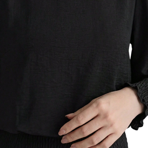 Women's Korean Solid <b>Long</b> Sleeve Blouse Neck Smocked Waist Cuffs Elegant Loose Fit Casual Office Wear Fashion <b>Top</b> - Product Image 4