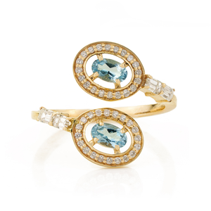 March Birthstone <b>Statement</b> Aquamarine & Diamond Bypass <b>Ring</b> For Women's 14K Real Yellow Gold Wedding Gemstone Jewelry - Product Image 1