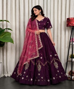 Purple Silk Lehenga Choli With Embroidered Dupatta Traditional Indian Wedding Wear Women's <b>Floor</b>-Length Ethnic Dress SWC-5056 - Product Image 1