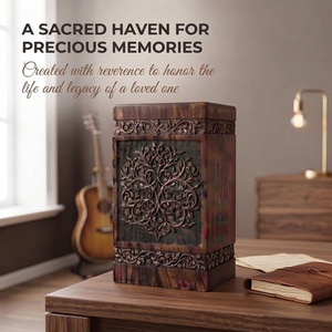 Hand-Carved Eco-Friendly Wooden Ashes <b>Box</b> with Floral Relief-<b>Keepsake</b> Urn for Loved Ones and Pets Creamation Urn - Product Image 3