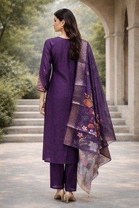 Ensemble Kurti élégant pour femmes en coton et soie violet, manches 3/4, entièrement cousu, pour les occasions régulières et festives - Product Image 4
