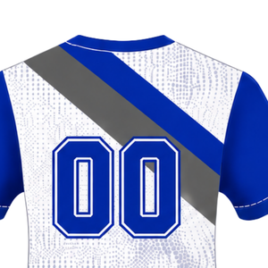 Maillot de rugby bleu roi, blanc et gris à manches courtes, col rond, motif graphique, performance athlétique, vêtements de sport d'équipe, entraînement, match de rugby - Product Image 4