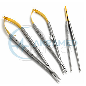 Juego de 3 Piezas de Micro Tijeras Castroviejo, Portaagujas y Pinzas, Acero Inoxidable TC, Quirúrgico Oftálmico, Certificado CE ISO - Product Image 1