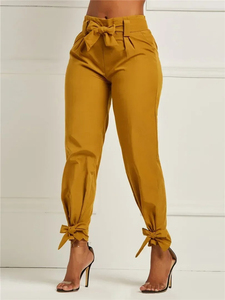 High Waist Olive Green Satin <b>Harem</b> Pants With Bow Ties At Waist And Ankles Casual Ankle-Length Women's <b>Trousers</b> - Product Image 5