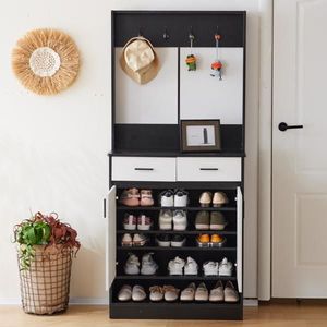 White & Black Entryway Bedroom Armoire <b>with</b> Hanging Rod <b>Drawers</b> <b>and</b> <b>Shelves</b> Handles Portable <b>Wardrobe</b> <b>and</b> Shoe Cabinet - Product Image 2
