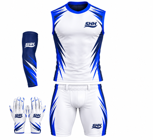 Ensemble d'uniformes de football 7v7 personnalisés blanc et bleu roi, comprenant un maillot sans manches, un short de compression, des manchons de bras et des gants de receveur pour équipes - Product Image 1