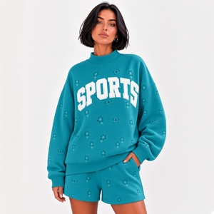 Ensemble de shorts en molleton écologique pour femmes, 2 pièces, coupe classique, col roulé, vêtements de sport, tenue décontractée d'hiver - Product Image 3