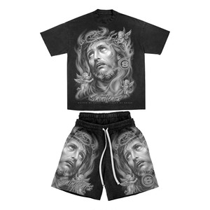 Heavyweight 240 GSM Cotton Streetwear T <b>Shirt</b> Shorts Set Red Black <b>Studded</b> Puff Print Custom Logo 2 Pieces Sets - Product Image 4