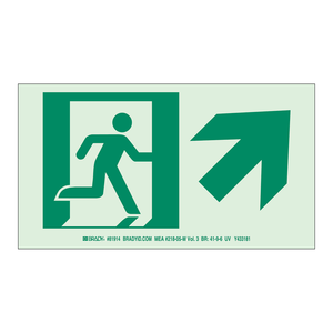 Panneau de sortie photoluminescent homologué NYC BradyGlo, motif Homme qui court et flèche vers le haut, en PVC/PC/ABS pour les itinéraires de sortie intérieurs - Product Image 1