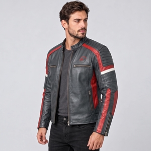 Blouson de moto en cuir à manches longues, coupe-vent, style course, color-block, toutes saisons, avec logo personnalisé sur le devant - Product Image 2