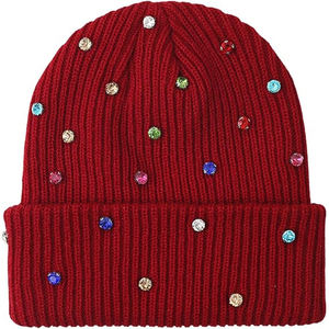 Bonnet d'hiver de luxe pour femme, en tricot côtelé, orné de strass et de cristaux, avec revers, couleur jaune moutarde, chaud et étincelant - Product Image 3