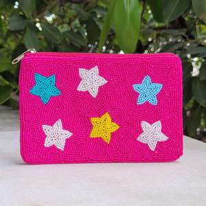 Handmade Beaded Coin Pouch Rectangular Shape Blue Stripes Star Embroidery Textile Zipper Closure - Product Image 4