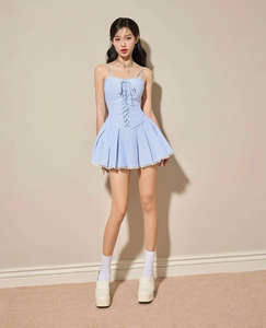 Minivestido Corsé Azul a Rayas con Cordones, Moldeador de Cintura, Fabricado en Vietnam, OEM ODM - Product Image 4