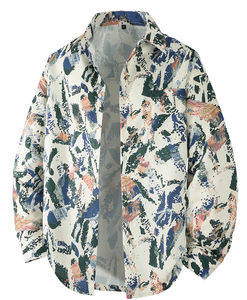 Chemise décontractée blanche moderne pour hommes – Motif éclaboussures bleu-gris, col montant, manches longues, légère, idéale pour le printemps - Product Image 5