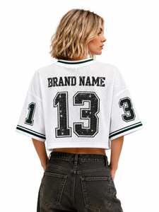 Nueva Camiseta Corta de Fútbol Americano con Pedrería, Estilo Chic, de Malla Blanca, Hombros Caídos, Boutique de Lujo, Ropa Deportiva de Equipo - Product Image 3