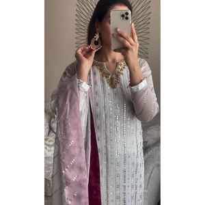 BORDADO GRORGETTE DE MODA TRABAJO FONDO SUPERIOR CON DUPATTA BLANCO - Product Image 4