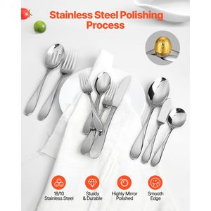 Set di posate da 65 pezzi in acciaio inossidabile per alimenti, utensili con finitura a specchio, lavabili in lavastoviglie, per la tavola - Product Image 3