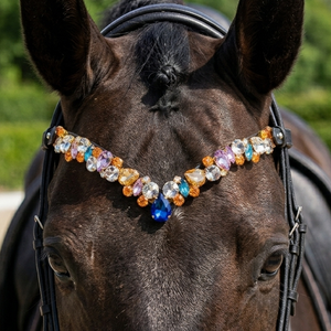 Accesorios de equitación: Elegante diadema de cuero con forma de V profunda, con colgante de cristal en forma de lágrima de topacio ámbar y granate, y diamantes de imitación. - Product Image 6