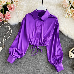 Blusa de Satén Morado para Mujer, Manga Larga, Corte Recortado, Cuello con Lazo, Tejida, Informal - Product Image 6