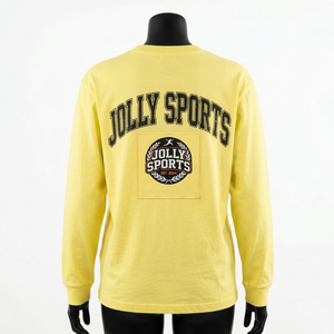 Camiseta de manga larga para mujer de jersey de algodón de alta calidad, transpirable, en tono amarillo, con estampado en relieve, logotipo personalizado, cuello cómodo. - Product Image 2