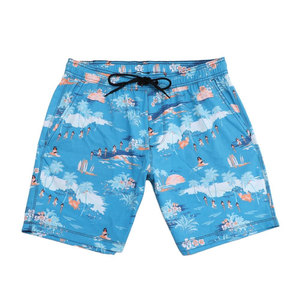 Men's Quick Dry Board Shorts Blue Tropical Print Drawstring Waist Casual Swim Trunks 100% Polyester Woven Fabric - Product Image 1