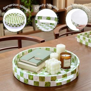Decorative Tray with Handles, Checkered <b>Round</b> Serving Tray for Coffee <b>Table</b>, Kitchen Counter, or Bathroom (Pistachio Green) - Product Image 4