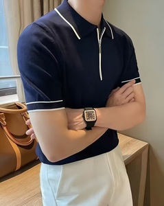 Men's Short Sleeve Solid Color Knitted Polo Shirt Zipper Design Smart Casual Regular Fit Navy Blue with White Trim - Product Image 2