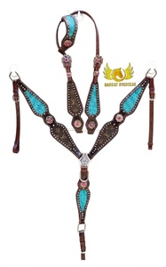Collier de poitrail en cuir occidental rose avec incrustation croco et conchos en cristal, têtière confortable multifonction en cuir naturel souple - Product Image 2