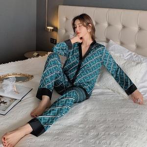 Ensemble de pyjama en satin de polyester pour femme, printemps, été, automne, taille élastique, haut à manches longues, pantalon, vêtements de détente confortables - Product Image 2